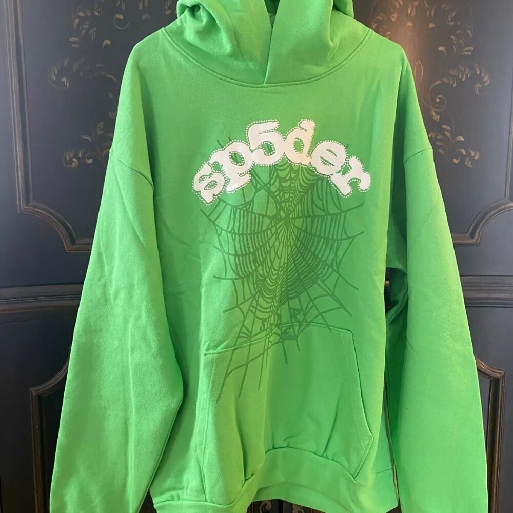 $245 Sp5der Web Young Thug OG Rhinestone Logo Hoodie | Unisex | Green | XXL